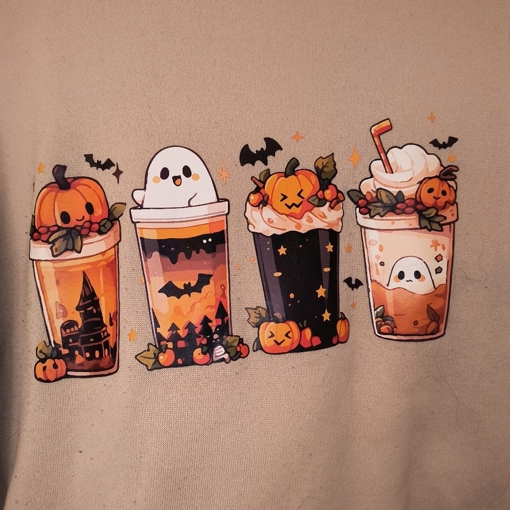 Light Tan Pullover Halloween Starbucks Themed Coffee Ghost Spooky Pumpkin Bat - Picture 2 of 3